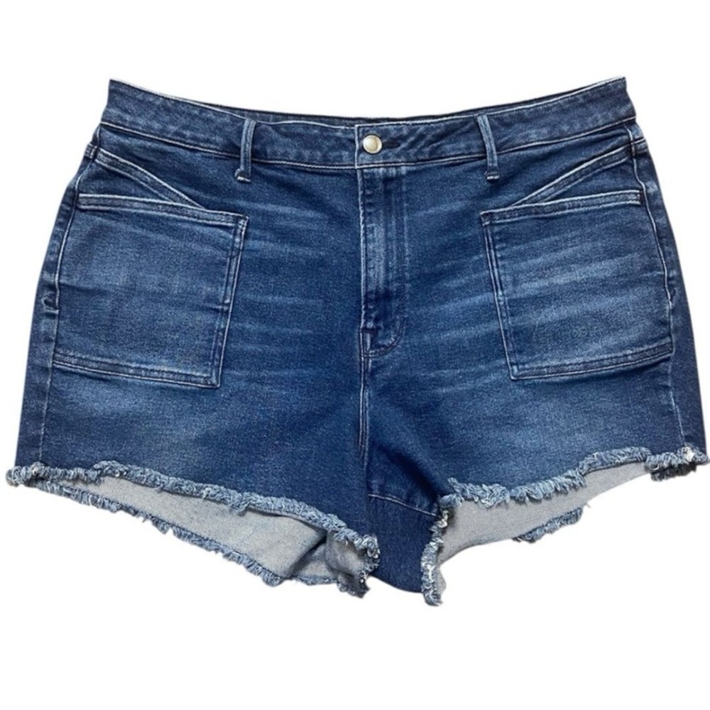 Good American Dark Blue Frayed Denim Patch Pocket Shorts Sz 18